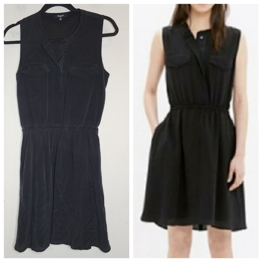 Madewell Silk Blouson Sleeveless Black Dress elastic waist button top size xs